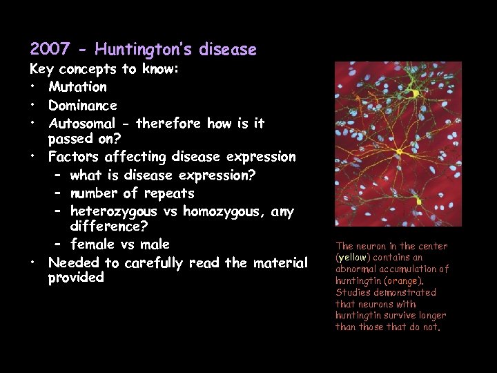 2007 - Huntington’s disease Key concepts to know: • Mutation • Dominance • Autosomal