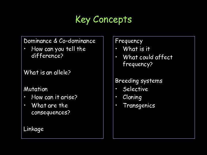 Key Concepts Dominance & Co-dominance • How can you tell the difference? Frequency •