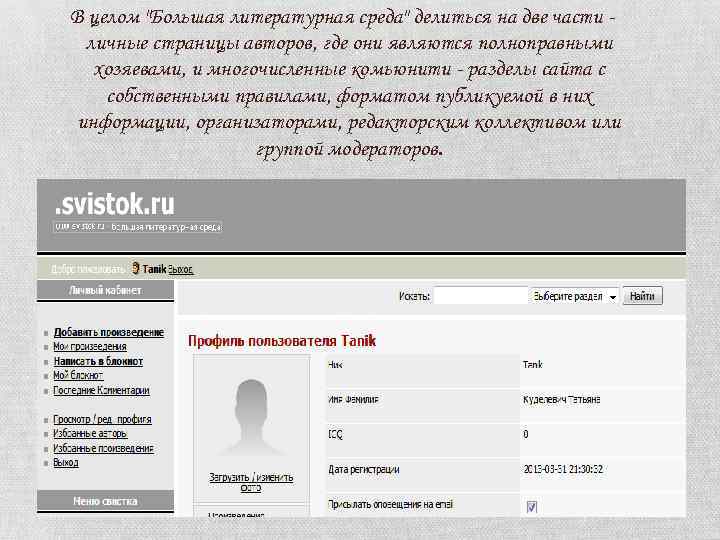 В целом "Большая литературная среда" делиться на две части личные страницы авторов, где они