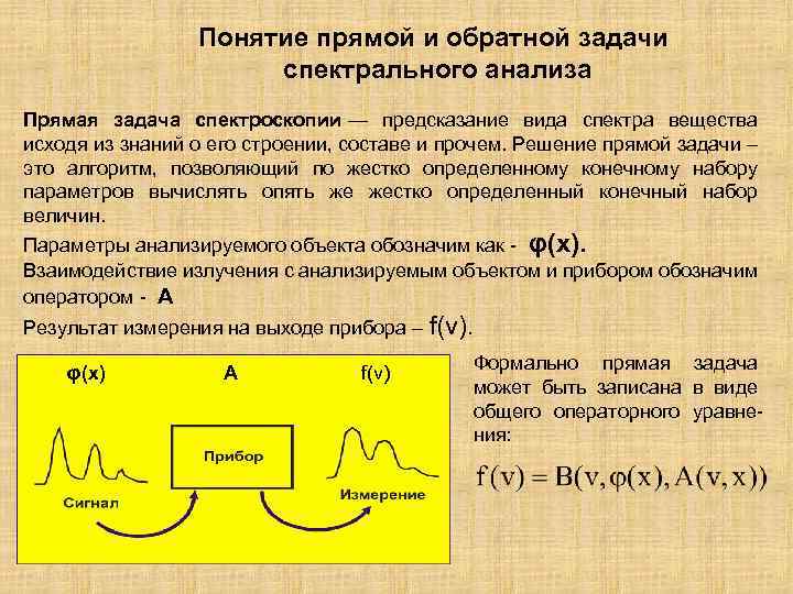 Понятие прямой и обратной задачи спектрального анализа Прямая задача спектроскопии — предсказание вида спектра