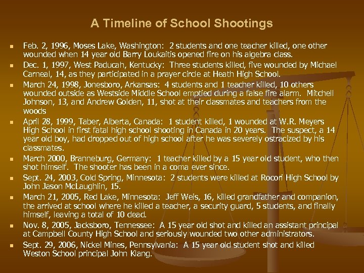 A Timeline of School Shootings n n n n n Feb. 2, 1996, Moses