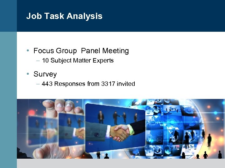 Job Task Analysis • Focus Group Panel Meeting – 10 Subject Matter Experts •