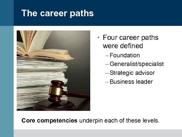 The career paths • Four career paths were defined – Foundation – Generalist/specialist –