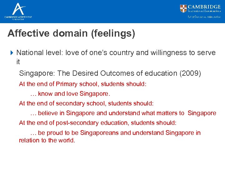 Affective domain (feelings) 4 National level: love of one’s country and willingness to serve