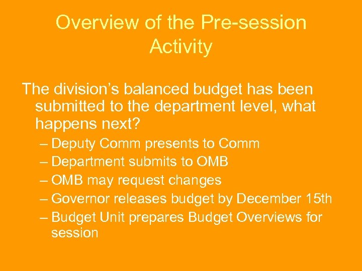 Overview of the Pre-session Activity The division’s balanced budget has been submitted to the