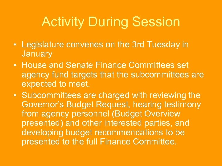 Activity During Session • Legislature convenes on the 3 rd Tuesday in January •