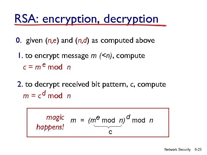RSA: encryption, decryption 0. given (n, e) and (n, d) as computed above 1.