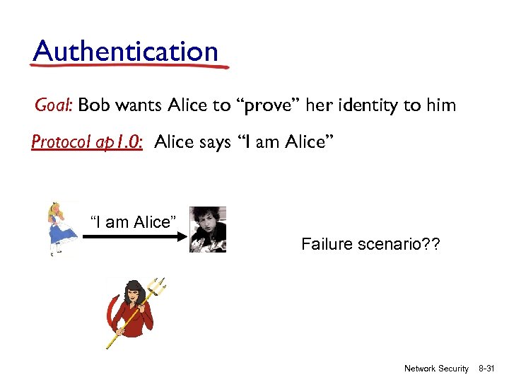 Authentication Goal: Bob wants Alice to “prove” her identity to him Protocol ap 1.