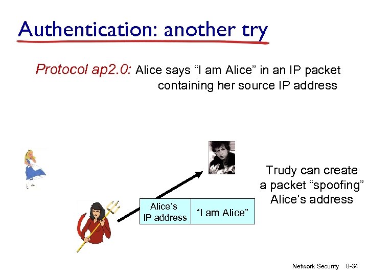 Authentication: another try Protocol ap 2. 0: Alice says “I am Alice” in an