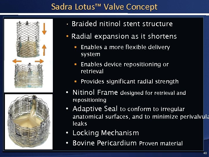 Sadra Lotus™ Valve Concept • Braided nitinol stent structure • Radial expansion as it