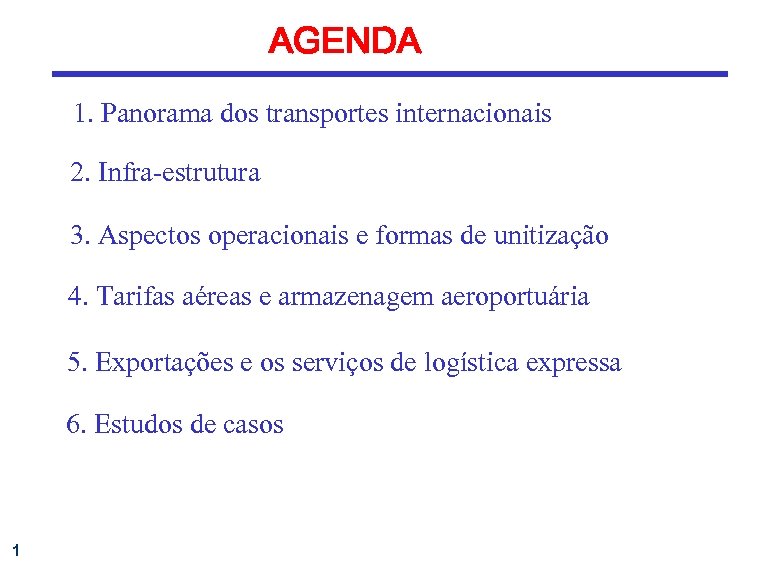 AGENDA 1. Panorama dos transportes internacionais 2. Infra-estrutura 3. Aspectos operacionais e formas de