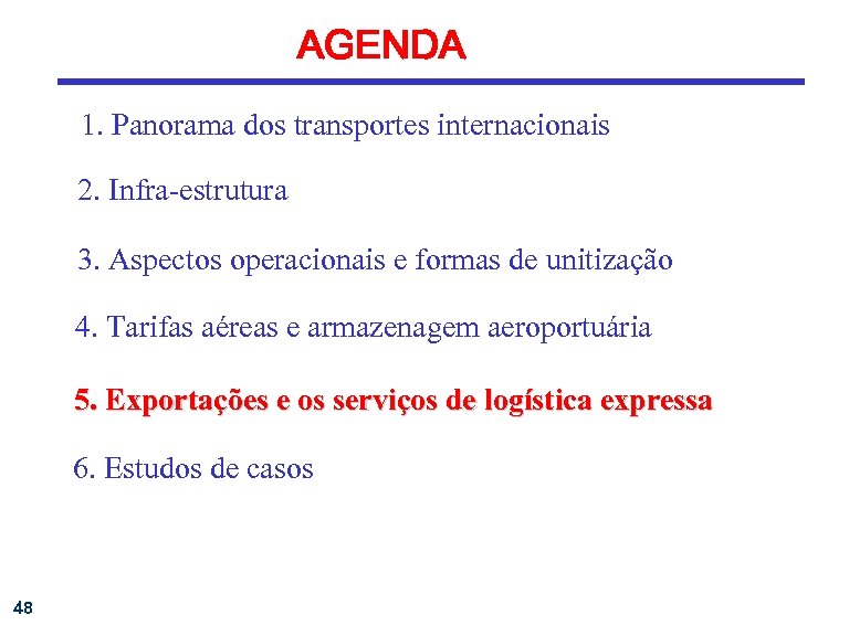 AGENDA 1. Panorama dos transportes internacionais 2. Infra-estrutura 3. Aspectos operacionais e formas de