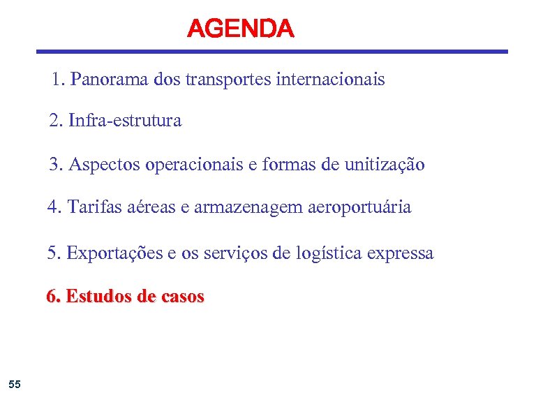 AGENDA 1. Panorama dos transportes internacionais 2. Infra-estrutura 3. Aspectos operacionais e formas de