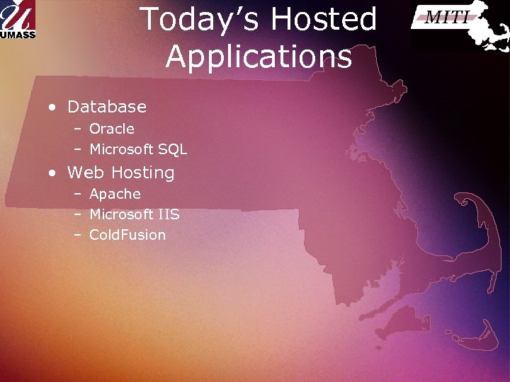 Today’s Hosted Applications • Database – Oracle – Microsoft SQL • Web Hosting –