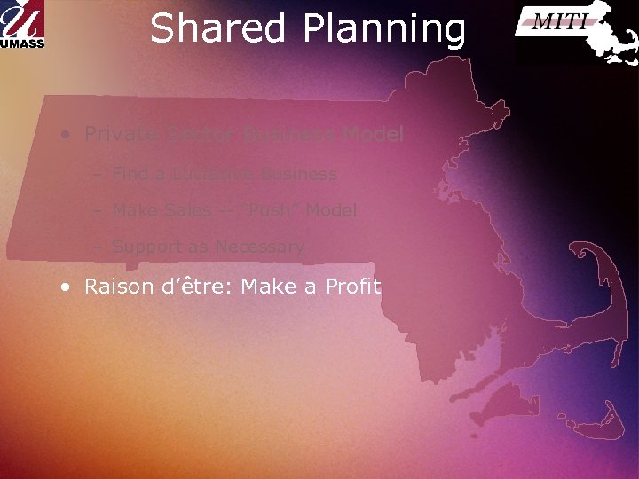 Shared Planning • Private Sector Business Model – Find a Lucrative Business – Make