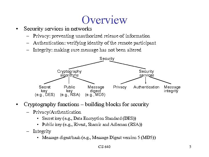 Overview • Security services in networks – Privacy: preventing unauthorized release of information –