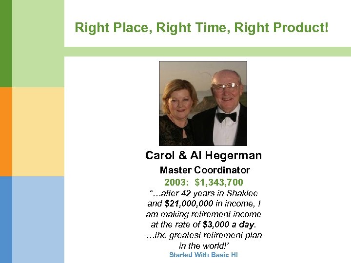 Right Place, Right Time, Right Product! Carol & Al Hegerman Master Coordinator 2003: $1,