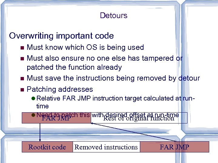 Detours Overwriting important code Must know which OS is being used Must also ensure