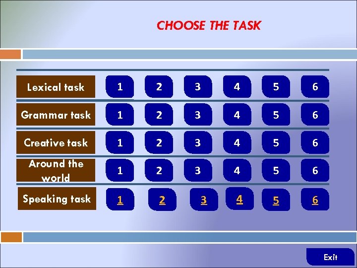 CHOOSE THE TASK Lexical task 1 2 3 4 5 6 Grammar task 1