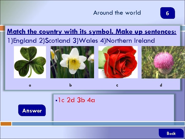 Around the world 6 Match the country with its symbol. Make up sentences: 1)England