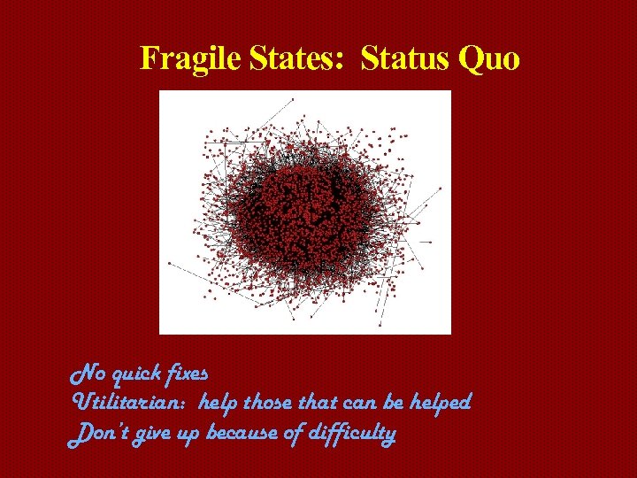 Fragile States: Status Quo No quick fixes Utilitarian: help those that can be helped