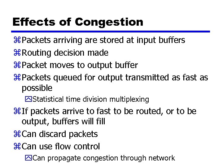 Effects of Congestion z Packets arriving are stored at input buffers z Routing decision