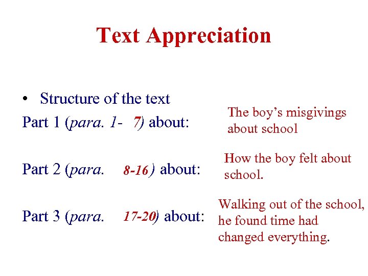 Text Appreciation • Structure of the text Part 1 (para. 1 - 7) about: