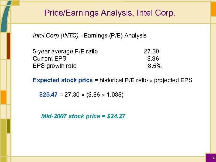 Price/Earnings Analysis, Intel Corp (INTC) - Earnings (P/E) Analysis 5 -year average P/E ratio