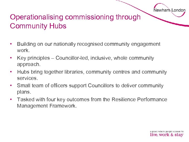 Operationalising commissioning through Community Hubs • Building on our nationally recognised community engagement work.