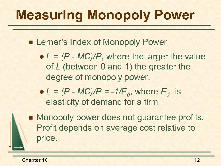 Measuring Monopoly Power n Lerner’s Index of Monopoly Power l l n L =