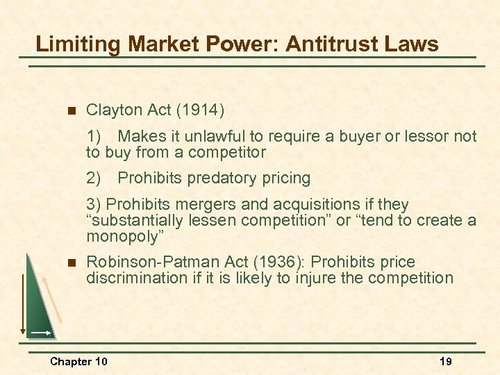 Limiting Market Power: Antitrust Laws n Clayton Act (1914) 1) Makes it unlawful to