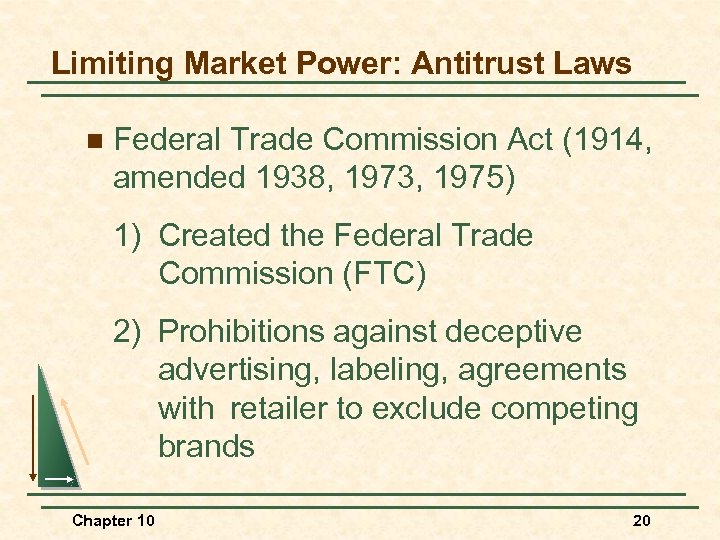 Limiting Market Power: Antitrust Laws n Federal Trade Commission Act (1914, amended 1938, 1973,