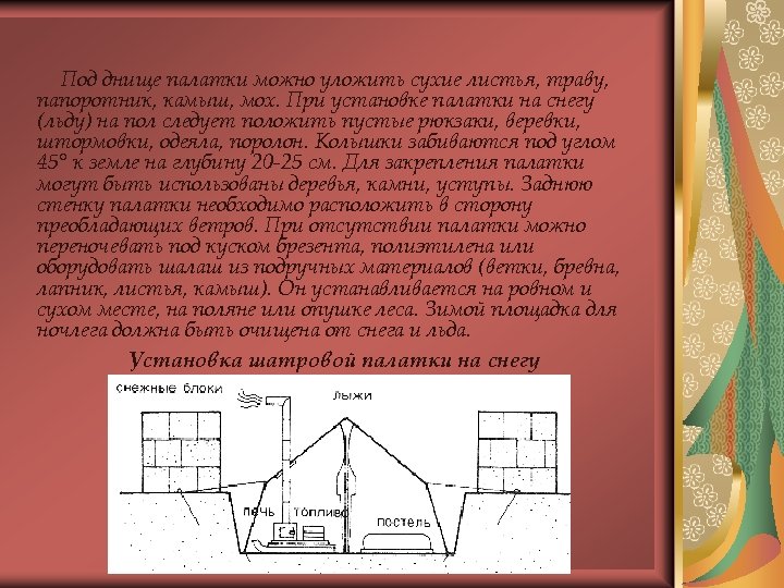  Под днище палатки можно уложить сухие листья, траву, папоротник, камыш, мох. При установке