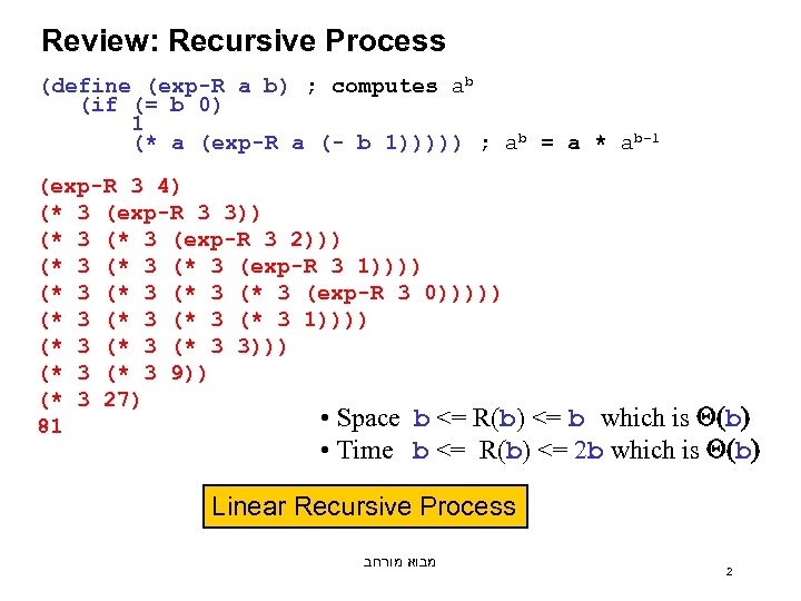 Review: Recursive Process (define (exp-R a b) ; computes ab (if (= b 0)