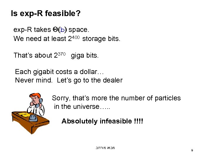 Is exp-R feasible? exp-R takes (b) space. We need at least 2400 storage bits.