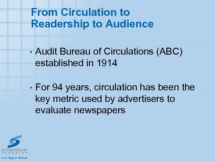 From Circulation to Readership to Audience • Audit Bureau of Circulations (ABC) established in