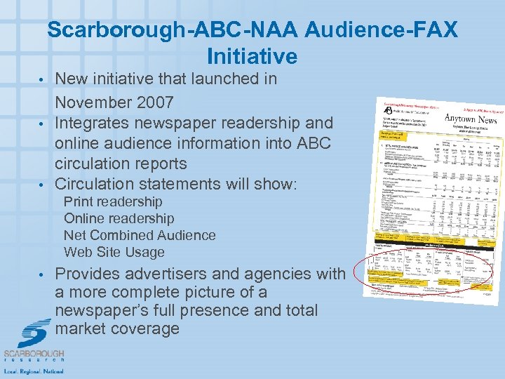 Scarborough-ABC-NAA Audience-FAX Initiative • • • New initiative that launched in November 2007 Integrates