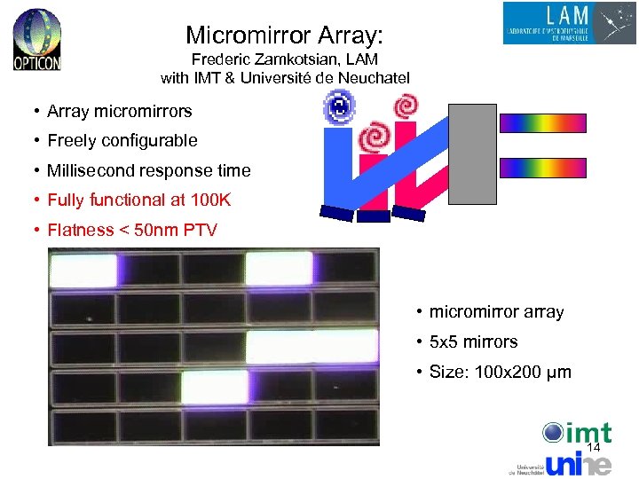 Micromirror Array: Frederic Zamkotsian, LAM with IMT & Université de Neuchatel • Array micromirrors