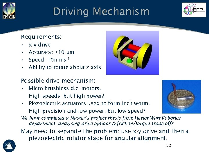 Driving Mechanism Requirements: • • x-y drive Accuracy: ± 10 μm Speed: 10 mms-1