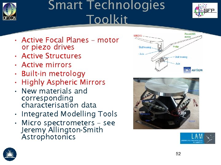 Smart Technologies Toolkit • Active Focal Planes – motor or piezo drives • Active