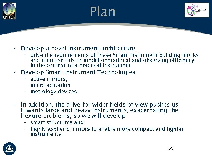 Plan • Develop a novel instrument architecture – drive the requirements of these Smart