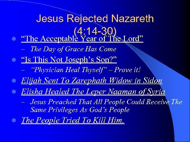 l Jesus Rejected Nazareth (4: 14 -30) “The Acceptable Year of The Lord” –