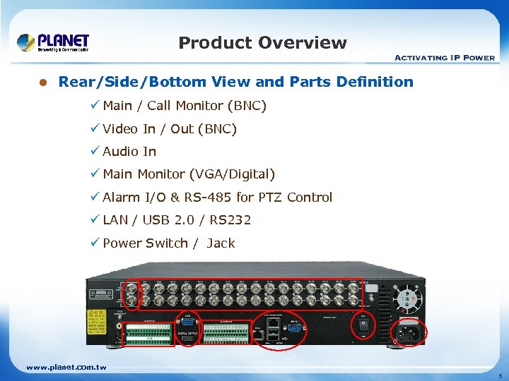 Product Overview l Rear/Side/Bottom View and Parts Definition ü Main / Call Monitor (BNC)