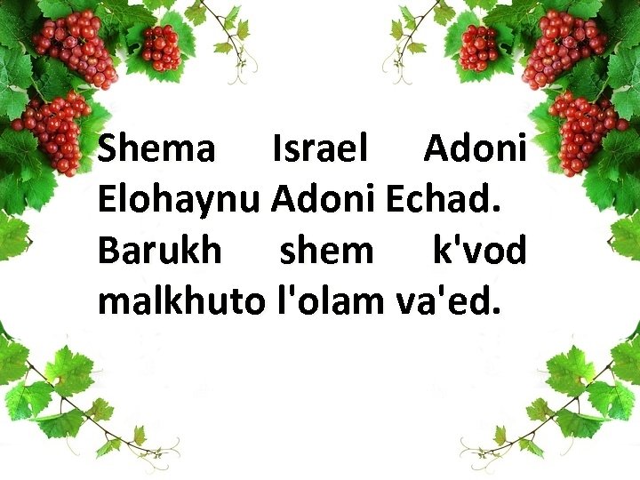 Shema Israel Adoni Elohaynu Adoni Echad. Barukh shem k'vod malkhuto l'olam va'ed. 