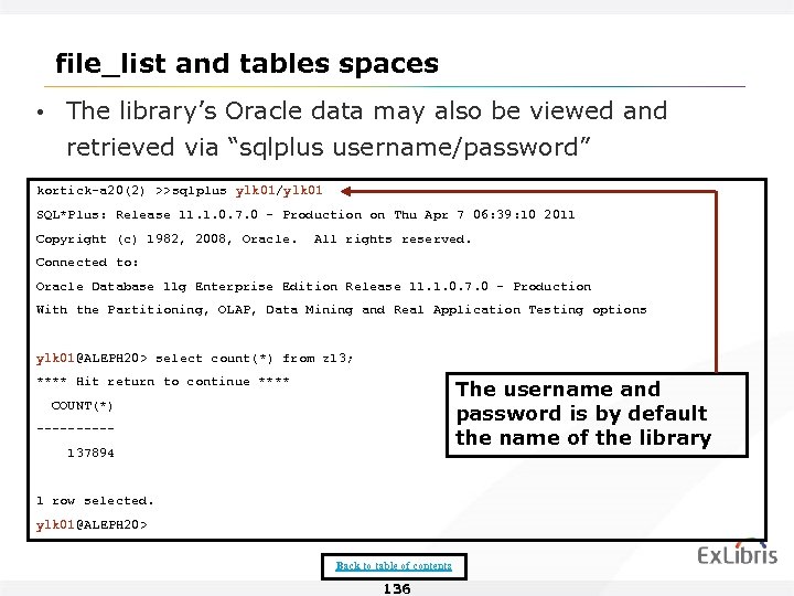 file_list and tables spaces • The library’s Oracle data may also be viewed and