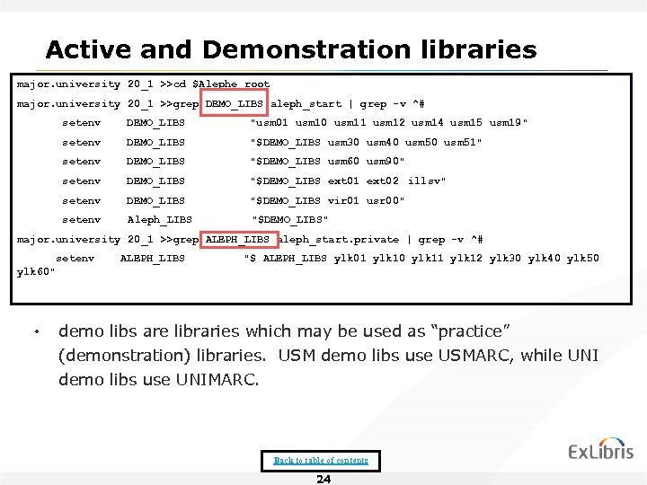 Active and Demonstration libraries major. university 20_1 >>cd $Alephe_root major. university 20_1 >>grep DEMO_LIBS