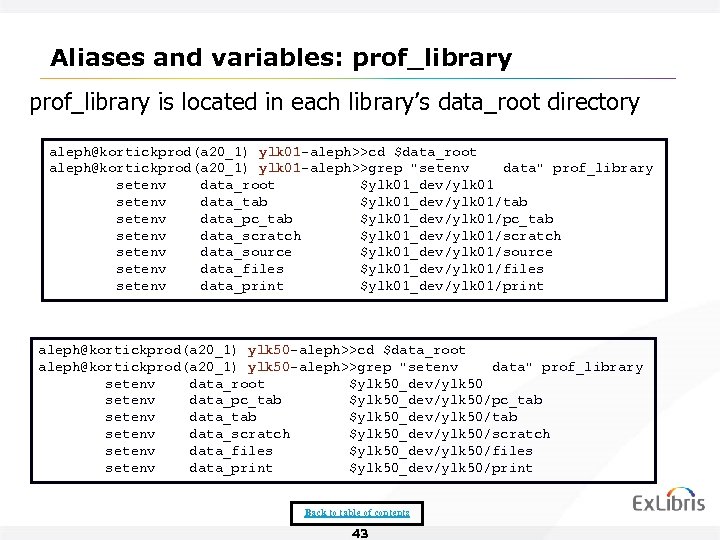 Aliases and variables: prof_library is located in each library’s data_root directory aleph@kortickprod(a 20_1) ylk