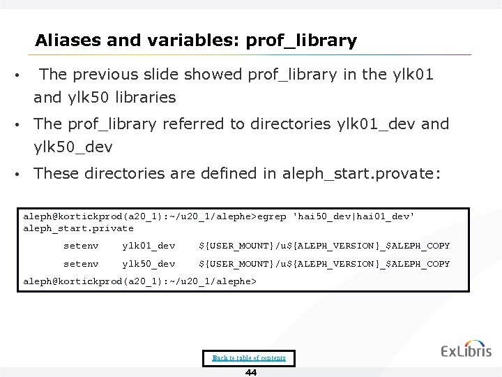 Aliases and variables: prof_library • The previous slide showed prof_library in the ylk 01