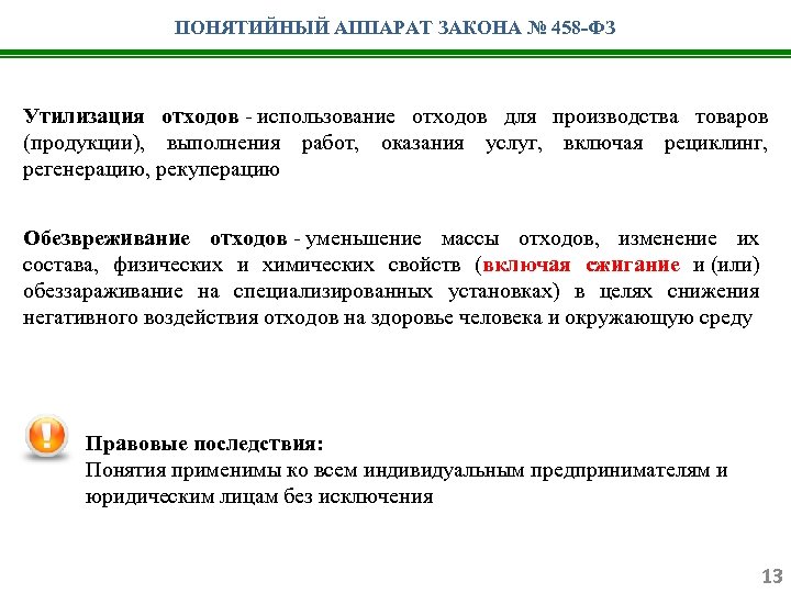 ПОНЯТИЙНЫЙ АППАРАТ ЗАКОНА № 458 -ФЗ Утилизация отходов - использование отходов для производства товаров