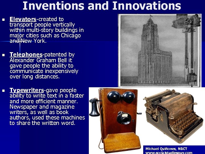 Inventions and Innovations n Elevators-created to transport people vertically within multi-story buildings in major